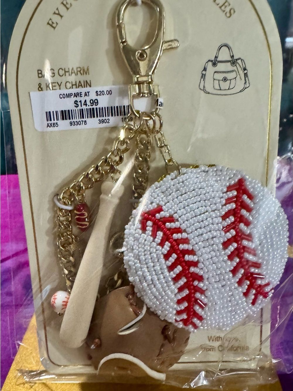 NWT Eye Candy Los Angeles Beaded Baseball Bag Charm Key Chain